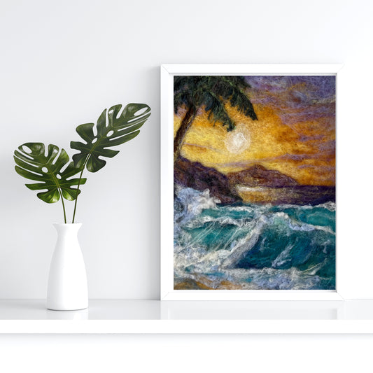 Ocean Felted Wool Picture, Sunset Waves Felt Picture, Hawaii Fiber art. Beach decor abstract landscape oceanscape. Hawaii wall art