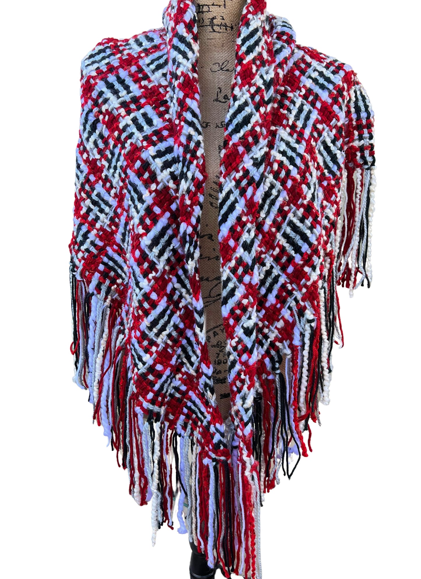 Hand Woven Fringed Shawl. Triangle shawl hippie wrap, red black oversized scarf shawl, warm evening wrap, Stevie Nicks shawl, witch shawl