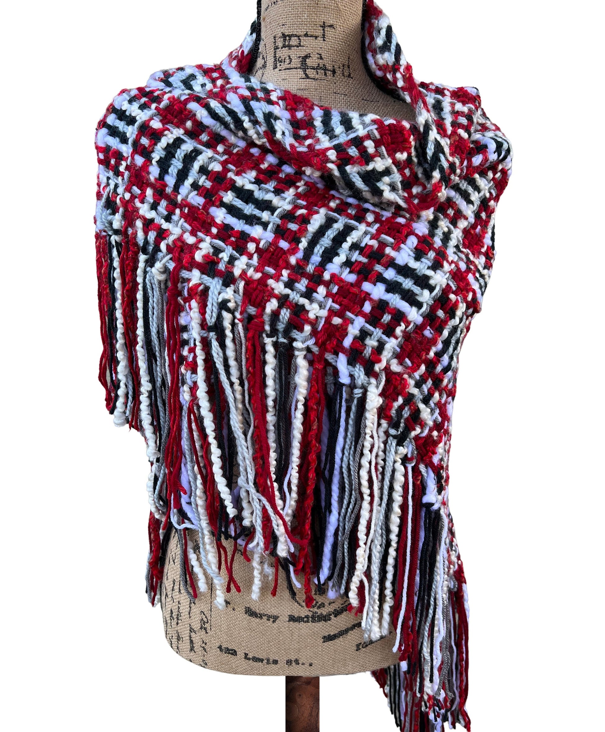 Hand Woven Fringed Shawl. Triangle shawl hippie wrap, red black oversized scarf shawl, warm evening wrap, Stevie Nicks shawl, witch shawl