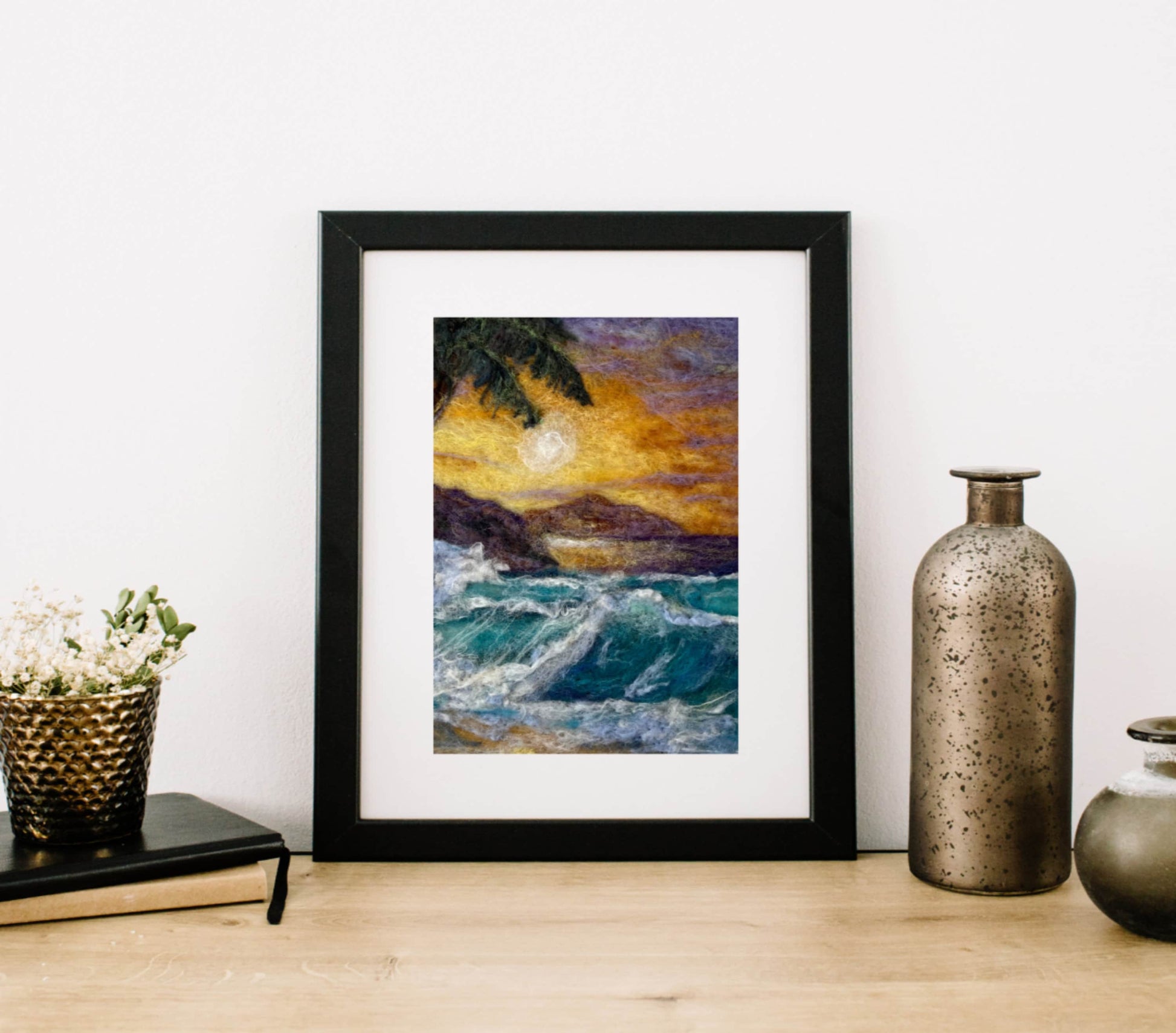 Ocean Felted Wool Picture, Sunset Waves Felt Picture, Hawaii Fiber art. Beach decor abstract landscape oceanscape. Hawaii wall art