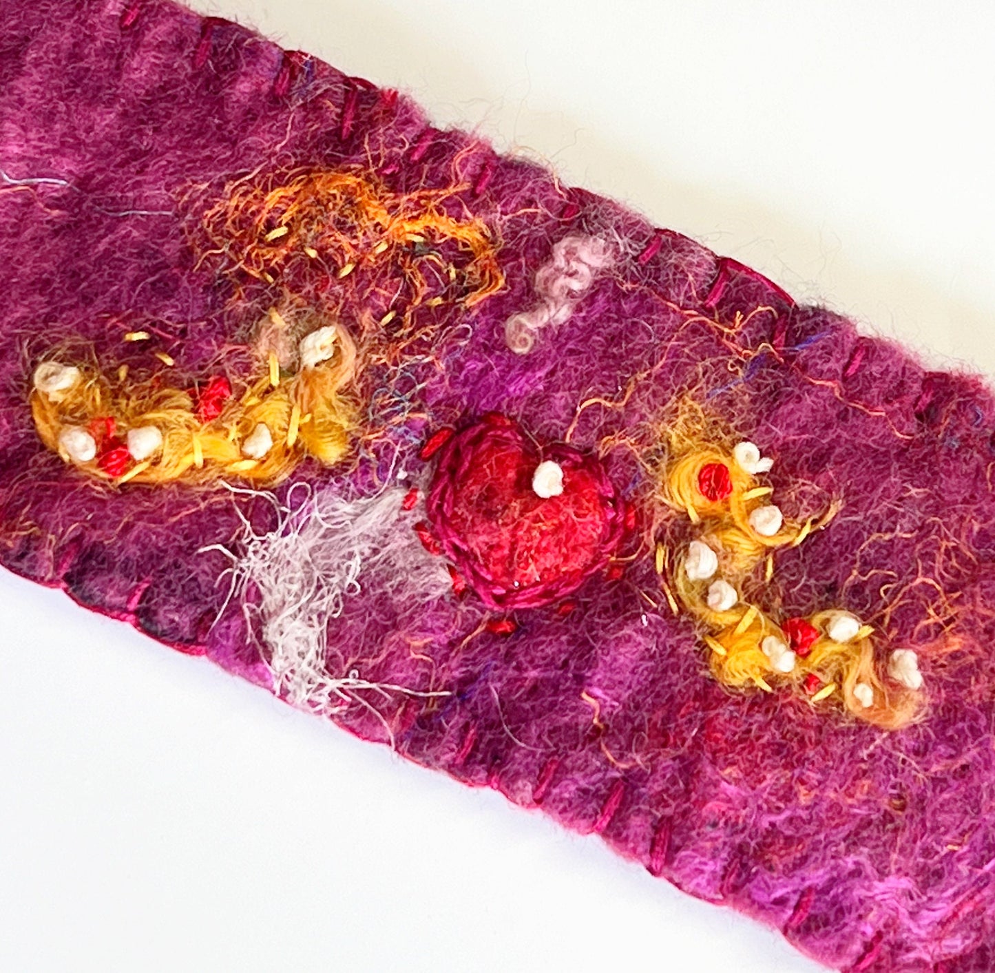 Felted Bracelet, Red Heart, Purple Yellow Cuff Bracelet, Wool Bracelet, Wrist Cuff, Cuff Bracelet, Handmade Boho, Wool Felted Bohemian