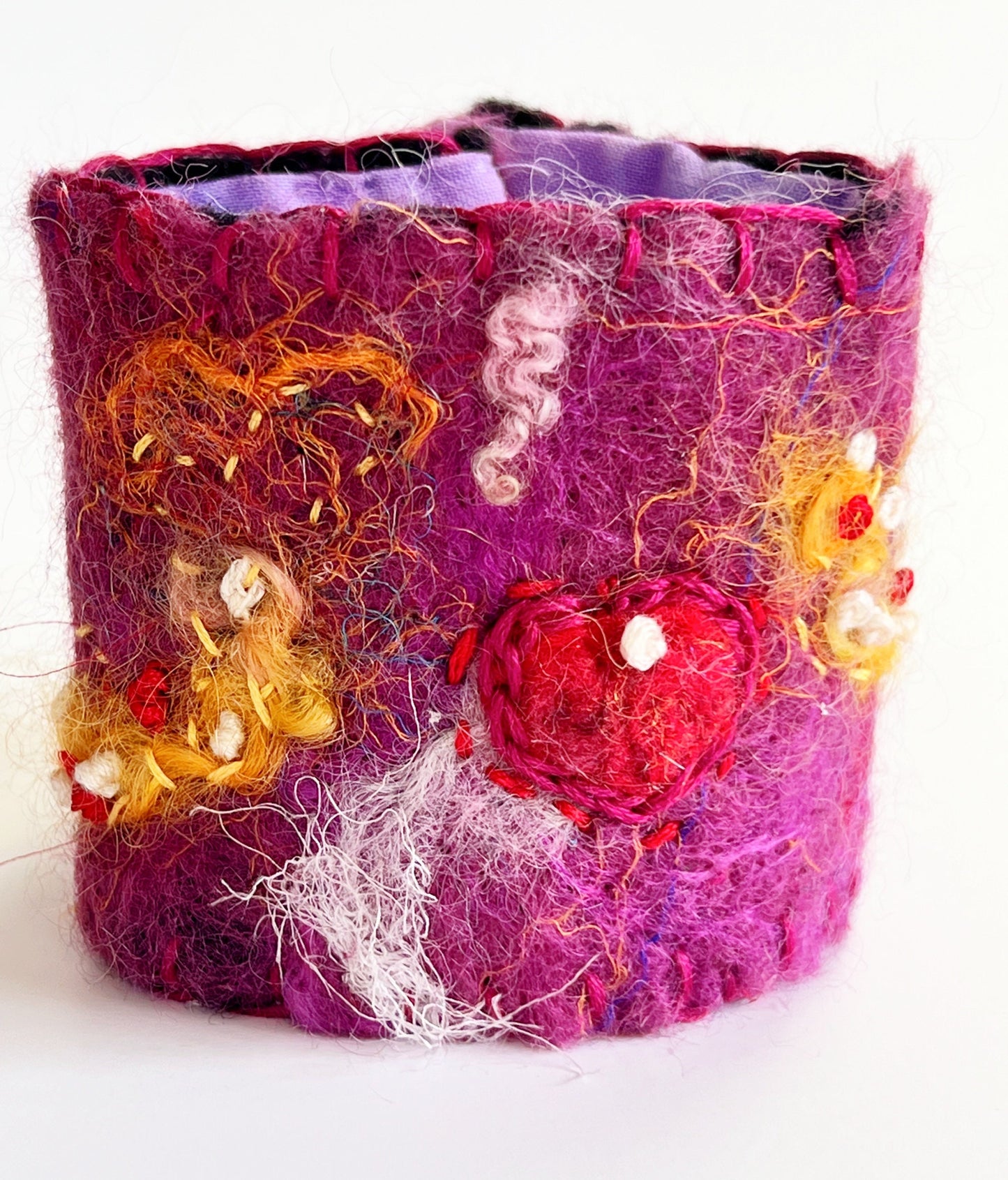 Felted Bracelet, Red Heart, Purple Yellow Cuff Bracelet, Wool Bracelet, Wrist Cuff, Cuff Bracelet, Handmade Boho, Wool Felted Bohemian