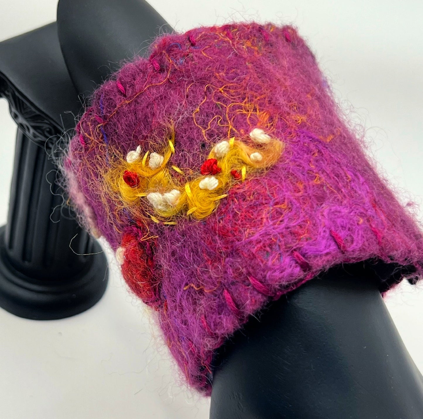 Felted Bracelet, Red Heart, Purple Yellow Cuff Bracelet, Wool Bracelet, Wrist Cuff, Cuff Bracelet, Handmade Boho, Wool Felted Bohemian