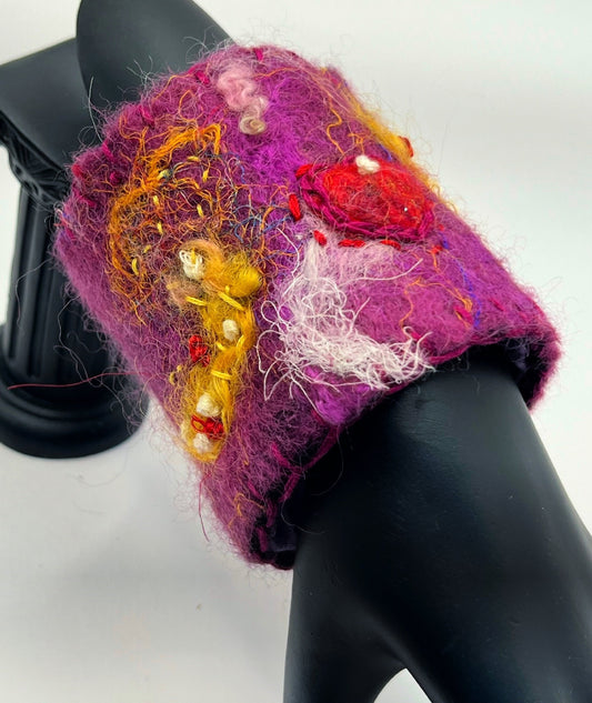 Felted Bracelet, Red Heart, Purple Yellow Cuff Bracelet, Wool Bracelet, Wrist Cuff, Cuff Bracelet, Handmade Boho, Wool Felted Bohemian