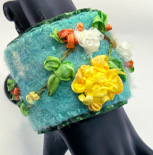 Felted Bracelet Cuff Bracelet, Wool Bracelet, Wrist Cuff, Ribbon Embroidery, Cuff Bracelet, Handmade Boho, Wool Felted Jewelry Bohemian